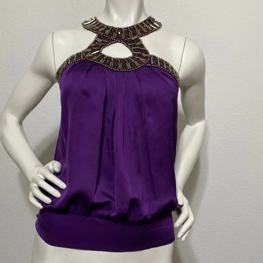 Bebe Purple Y2k Whimsigoth Studded Embellished Neck 100% Silk Blouse Size XXS